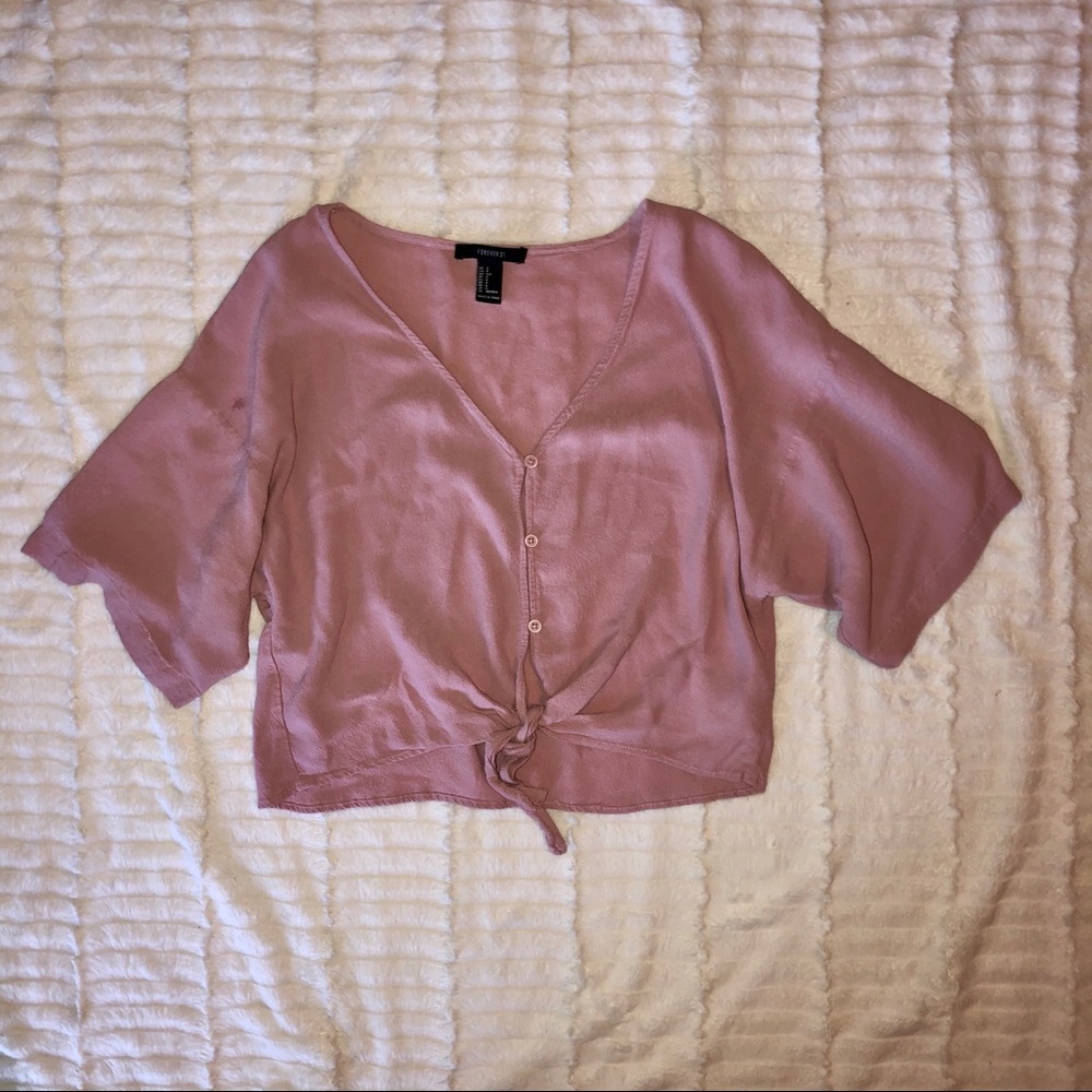 Pink Tie-Front Button Down V-Neck Crop Top